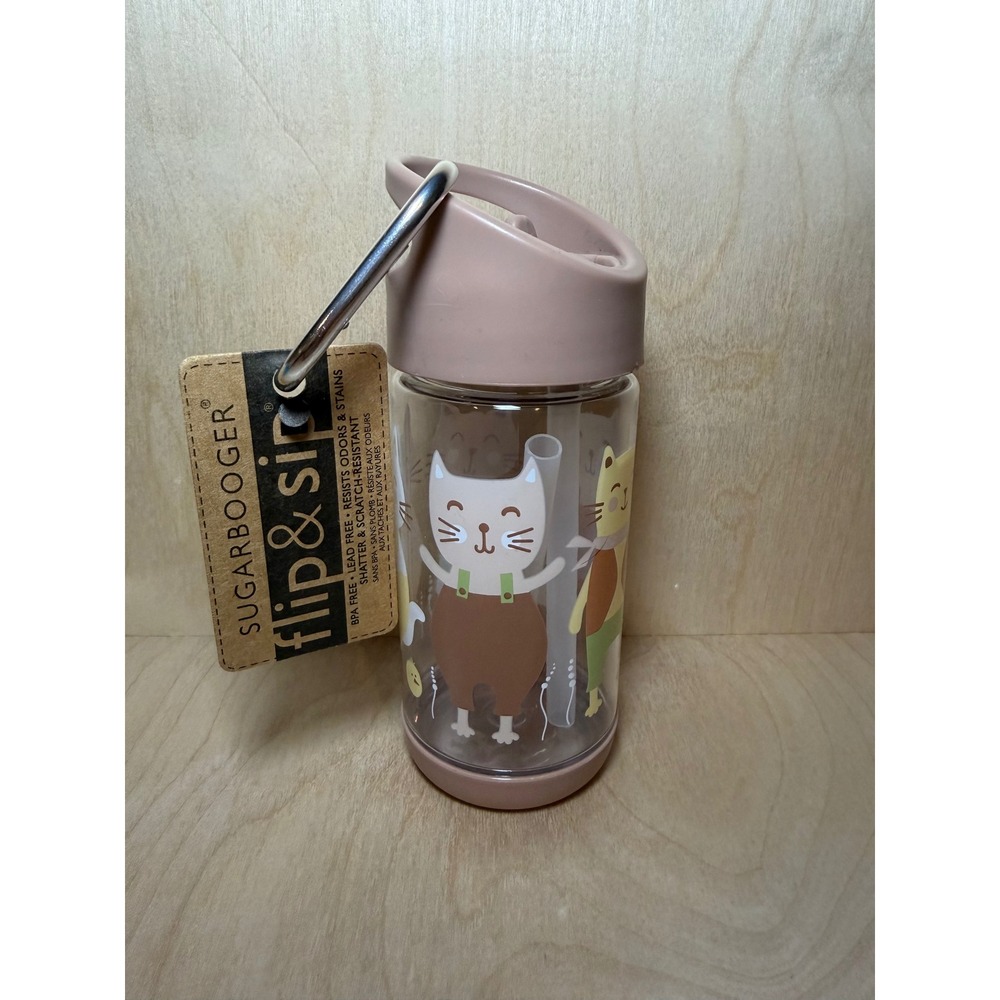 Sugarbooger Flip & Sip Kids Water Bottle Prairie Kitty 12oz BPA Free Carabiner